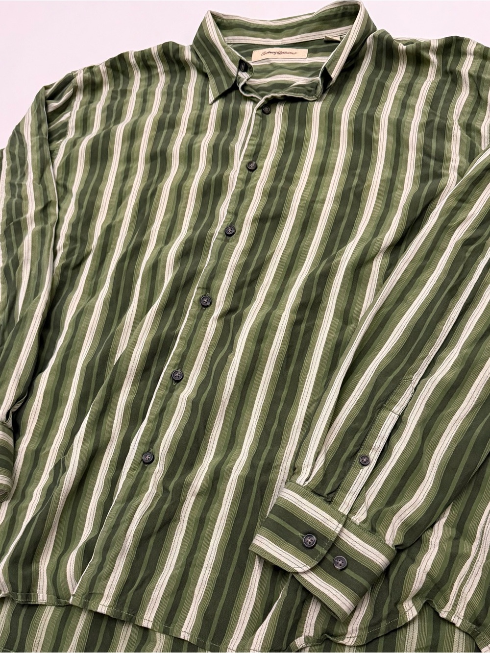 Vintage Tommy Bahama 100% Silk Green Vertical Stripe Button Down Shirt XXL